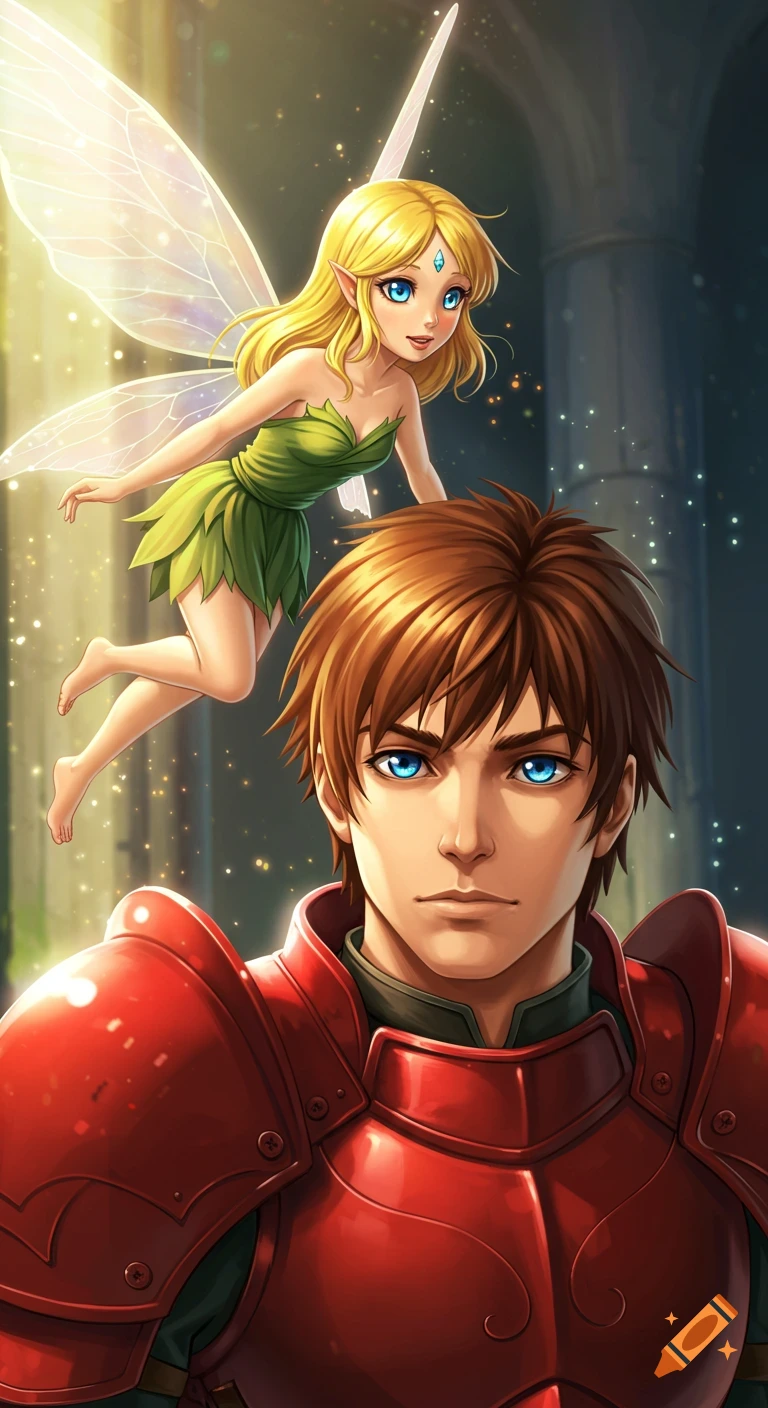 Anime style illustration of a blonde fairy with blue eyes hovering over a brown-haired man in red plate armor.
