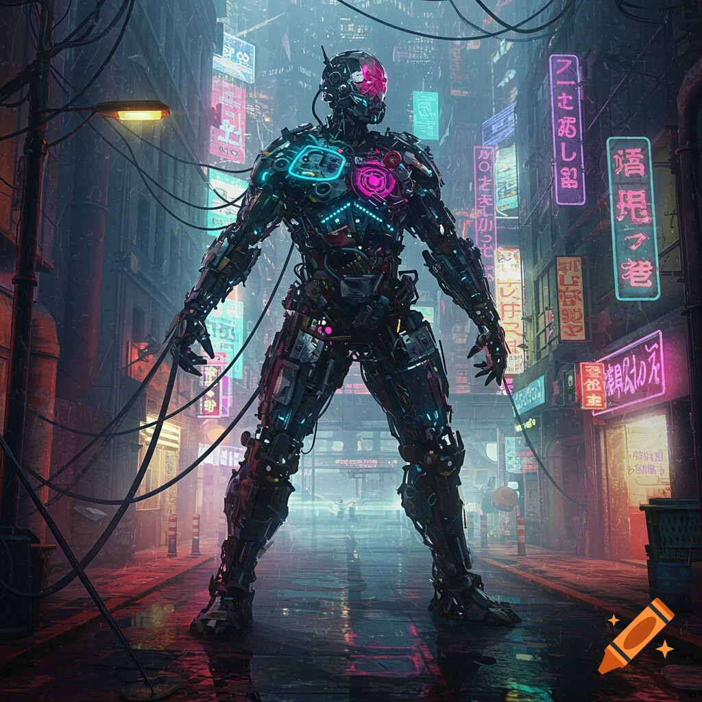 A large, detailed mechanical robot with glowing neon lights on its chest and head stands in a rainy, futuristic cyberpunk alley illuminated by bright neon signs and tangled wires.