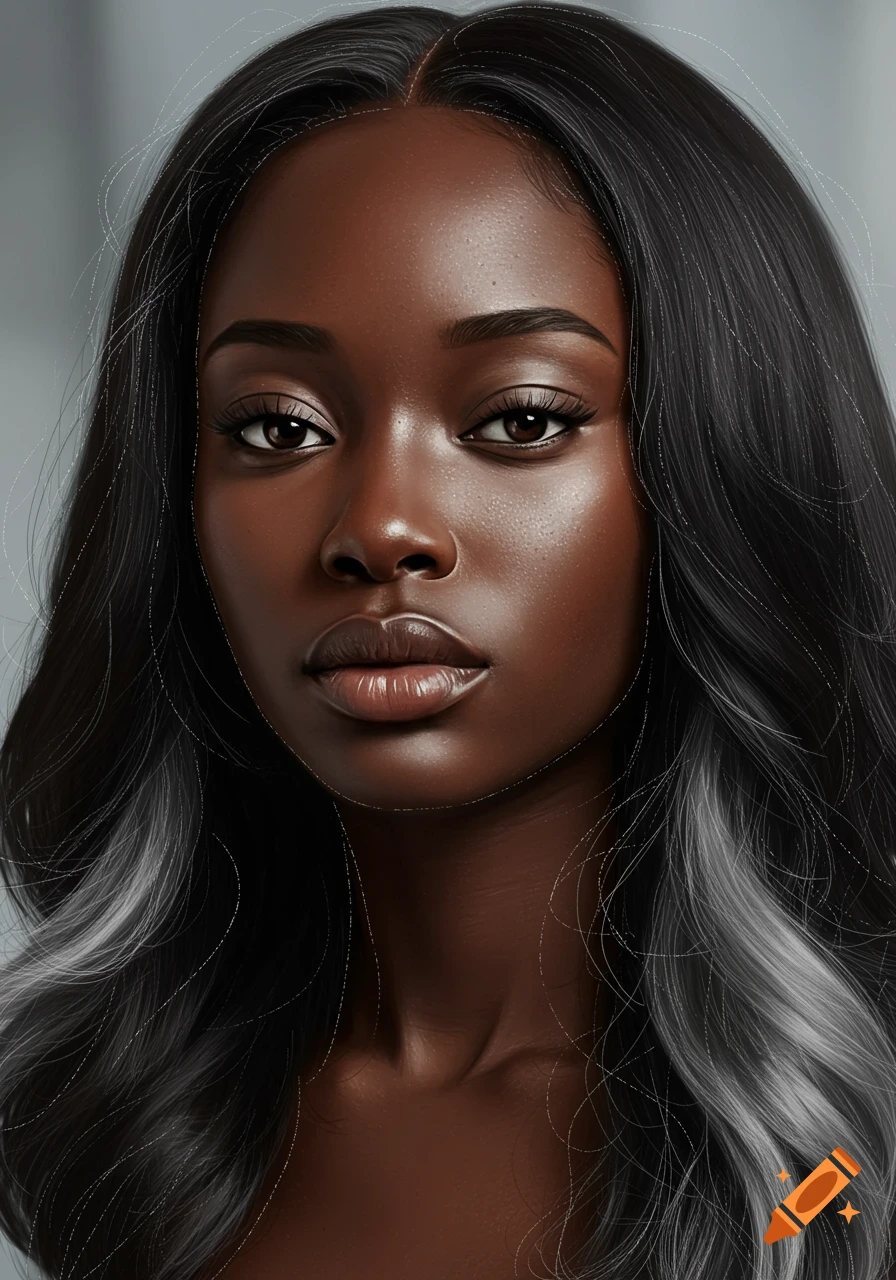 Ultrarealistic portrait of a young Black woman with long dark hair and light gray strands, in a stitch drawing style.