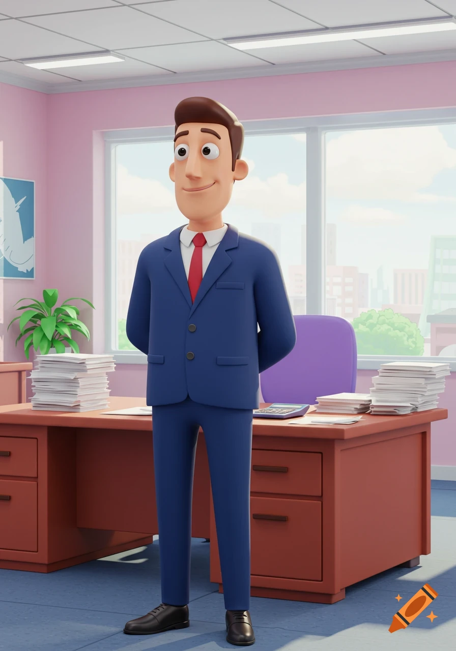 A cartoon business man in a blue suit and red tie stands in a bright pink office with a desk and window.