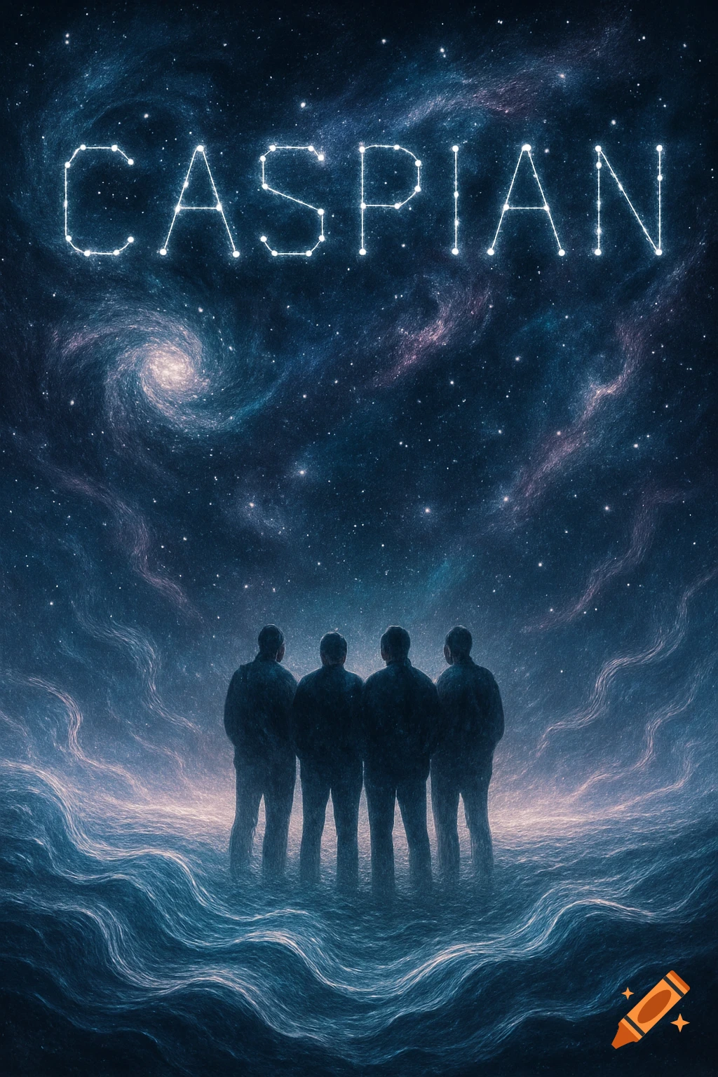 A concert poster with four silhouetted figures standing on a wavy surface, looking up at a starry night sky with the word "CASPIAN" formed by stars.