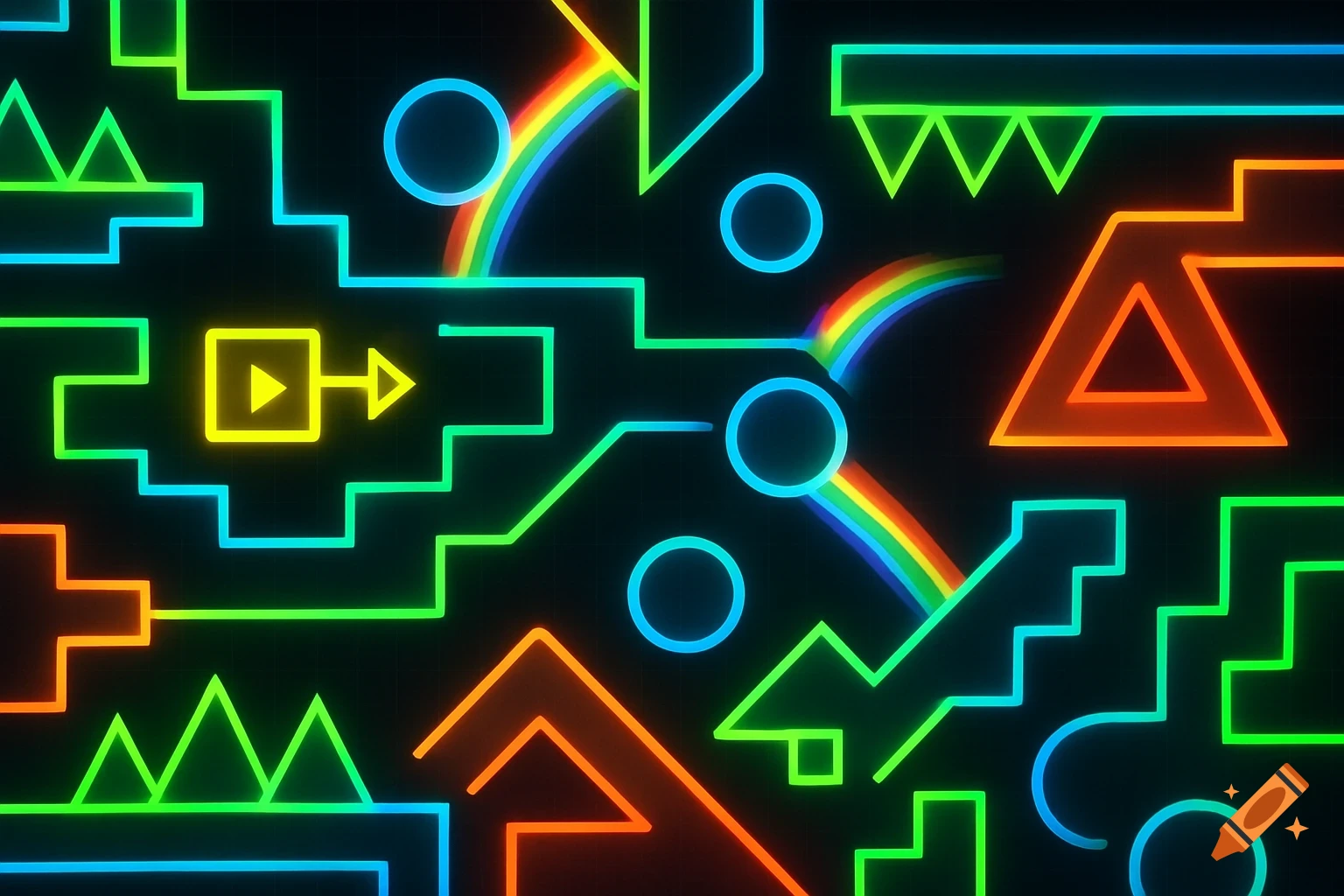 Neon lines form a geometric map with triangles, circles, and a play button icon, alongside rainbow arcs on a dark background.