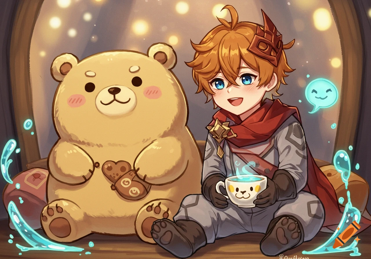 Cute anime character Childe sits beside a large teddy bear, holding a bear-faced mug with magical water effects in a warm, cozy setting.