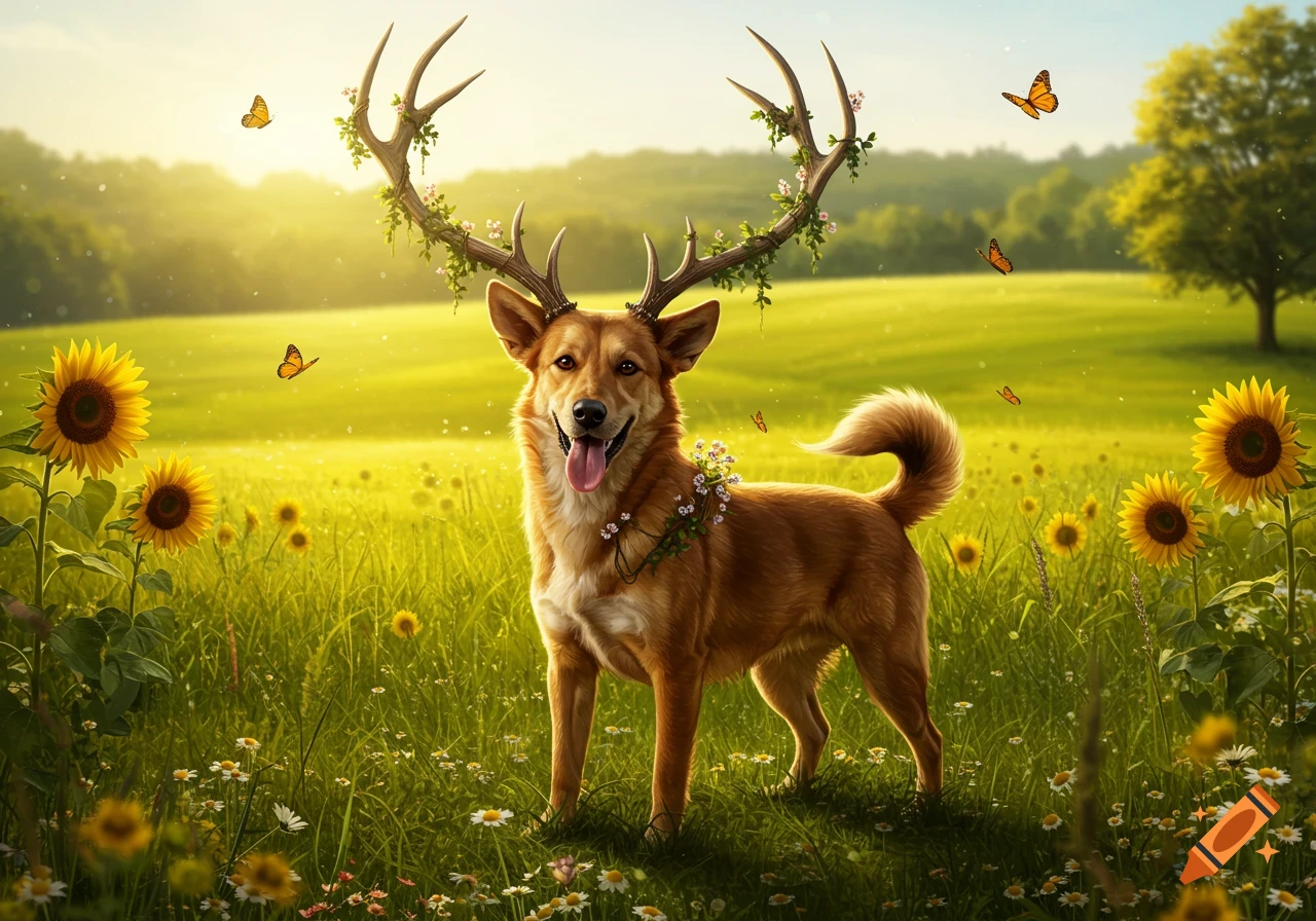 A happy brown dog with large antlers adorned with flowers and vines stands in a sun-drenched green field filled with sunflowers and butterflies.