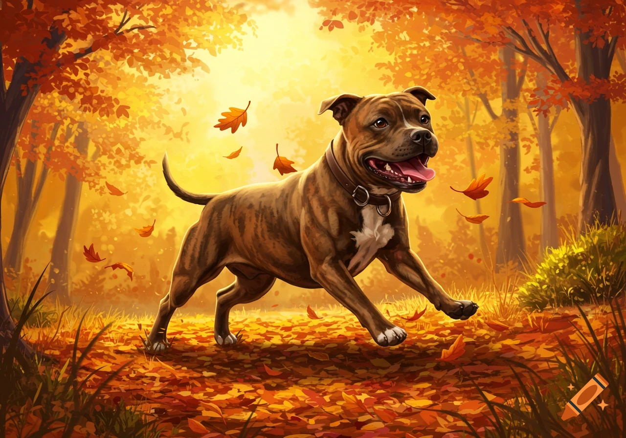 An illustrated Staffordshire Bull Terrier running through an autumn forest with golden light and falling orange leaves.