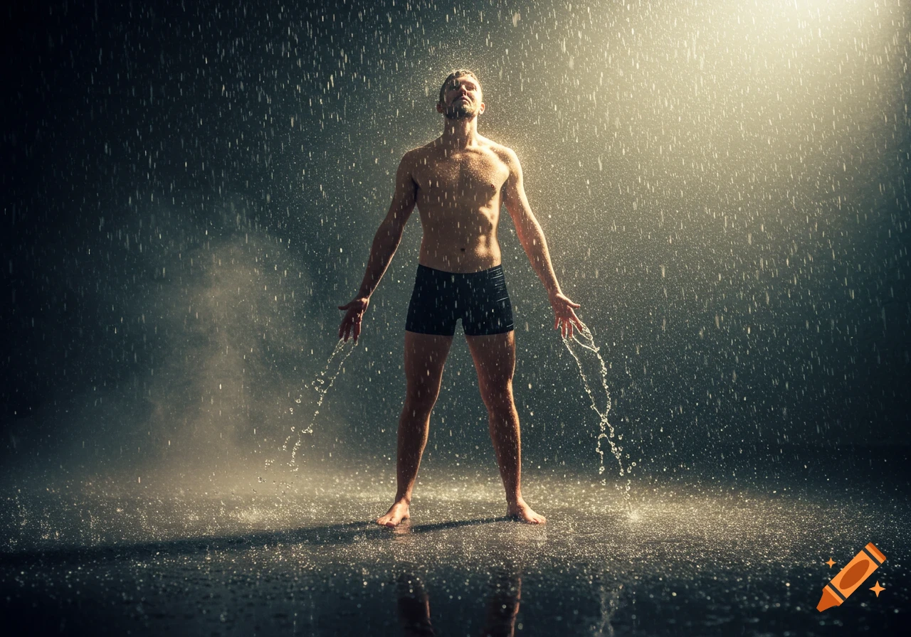 A shirtless man in boxer briefs stands in heavy rain under dramatic lighting, looking upwards with arms outstretched.