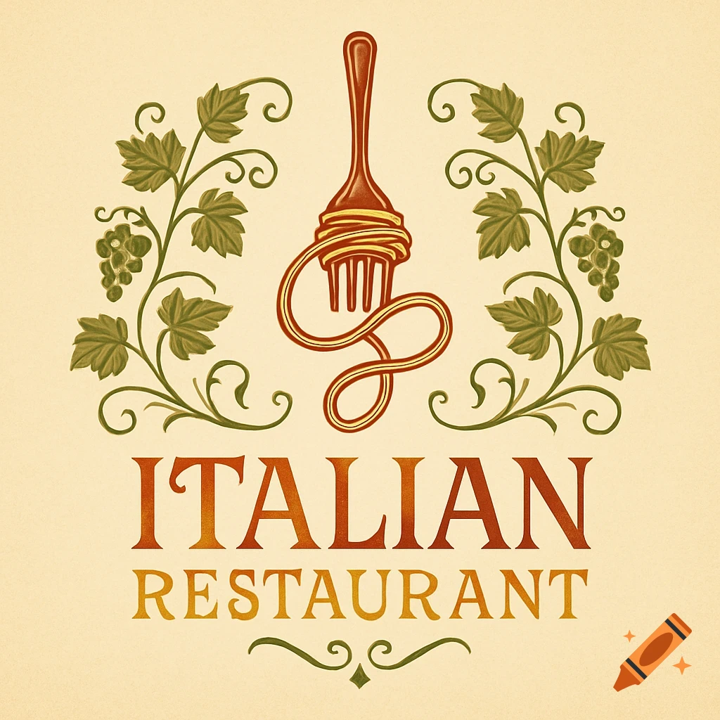 Vintage Italian restaurant logo with a fork, spaghetti, grapevines, and 'ITALIAN RESTAURANT' text.