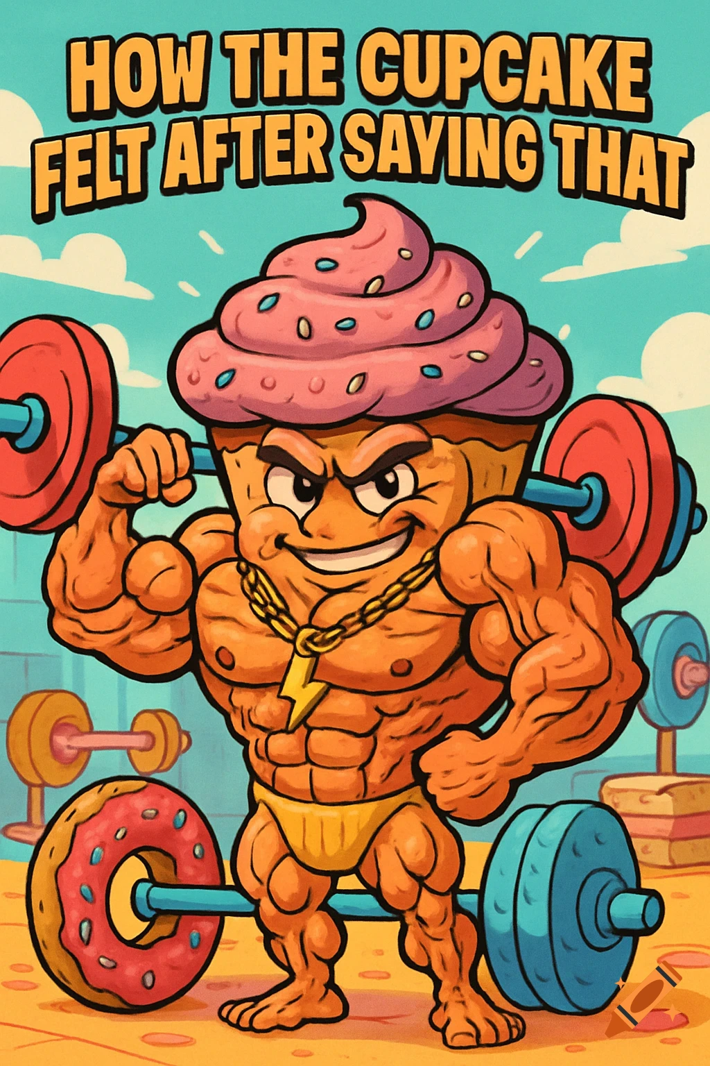 A muscular cartoon cupcake with a gold chain lifts barbell donuts in a dessert gym. Text reads 'HOW THE CUPCAKE FELT AFTER SAYING THAT'.