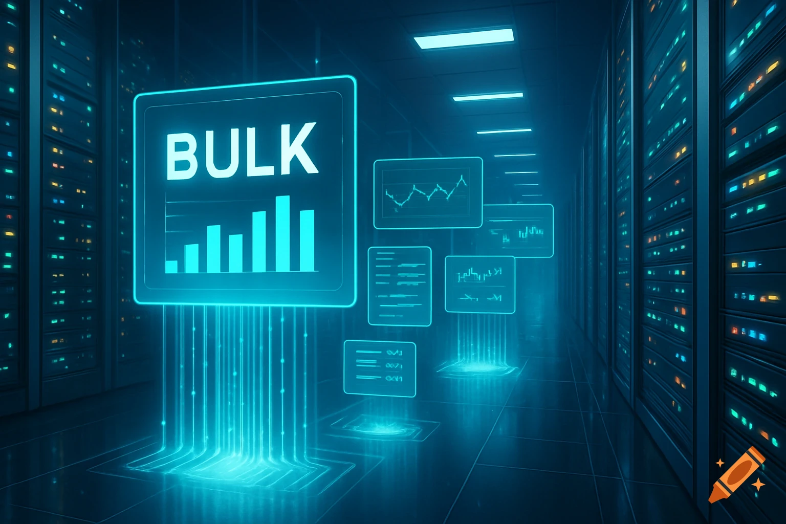 Holographic 'BULK' display with data graphs in a blue-lit server room with glowing server racks.