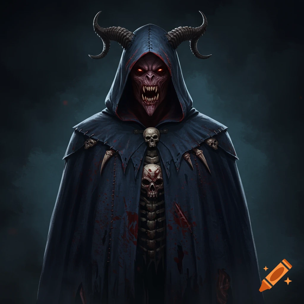 A scary horned monster in a dark, blood-stained hooded cloak with glowing red eyes, sharp teeth, and skulls on its chest.