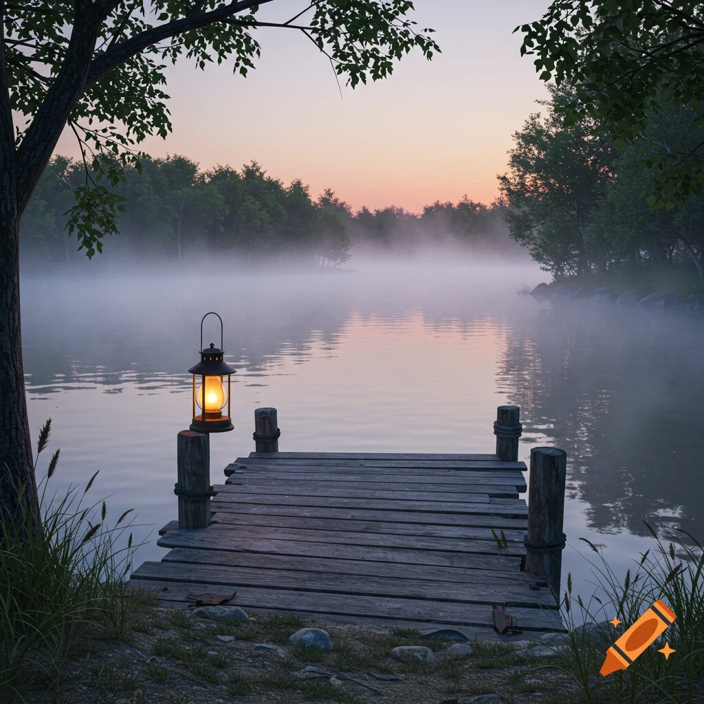 A serene wooden dock with a lit lantern extends into a misty lake at dawn, surrounded by trees.