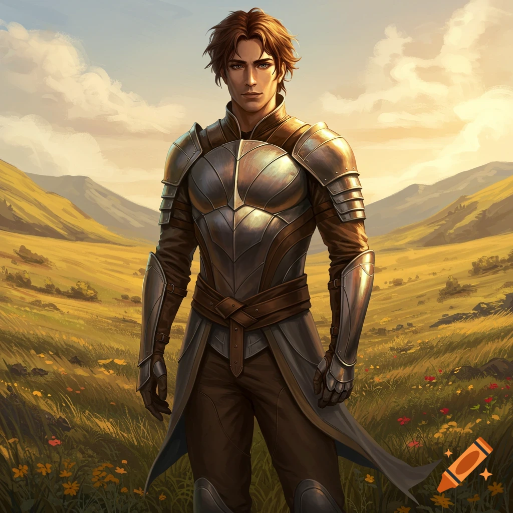 An illustrated male character with brown hair and eyes, wearing silver and brown light armor, stands in a golden field with mountains in the background.