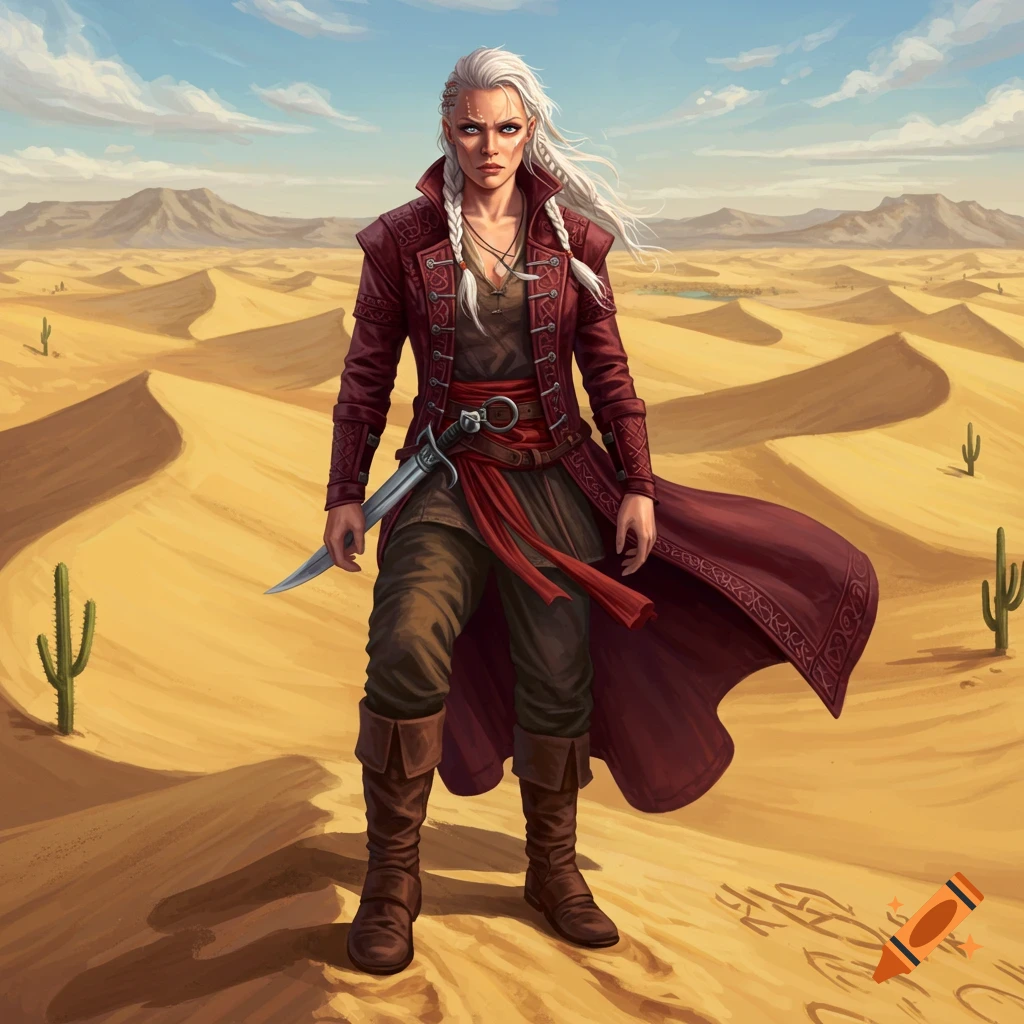 A stern female warrior with white braided hair, wearing a red coat, stands holding a dagger in a vast desert.