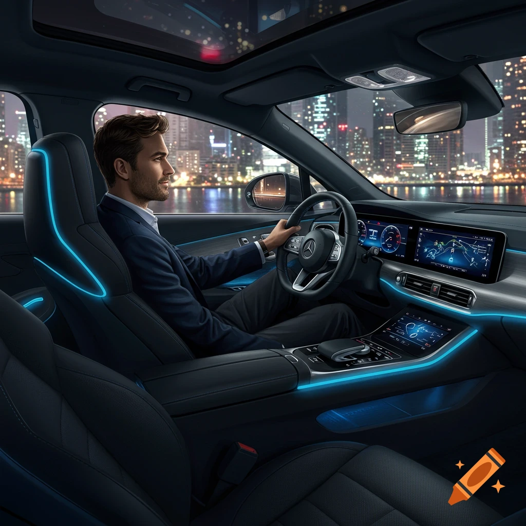 A man in a suit drives a modern car with glowing blue interior lights through a city at night, with skyscrapers visible outside.