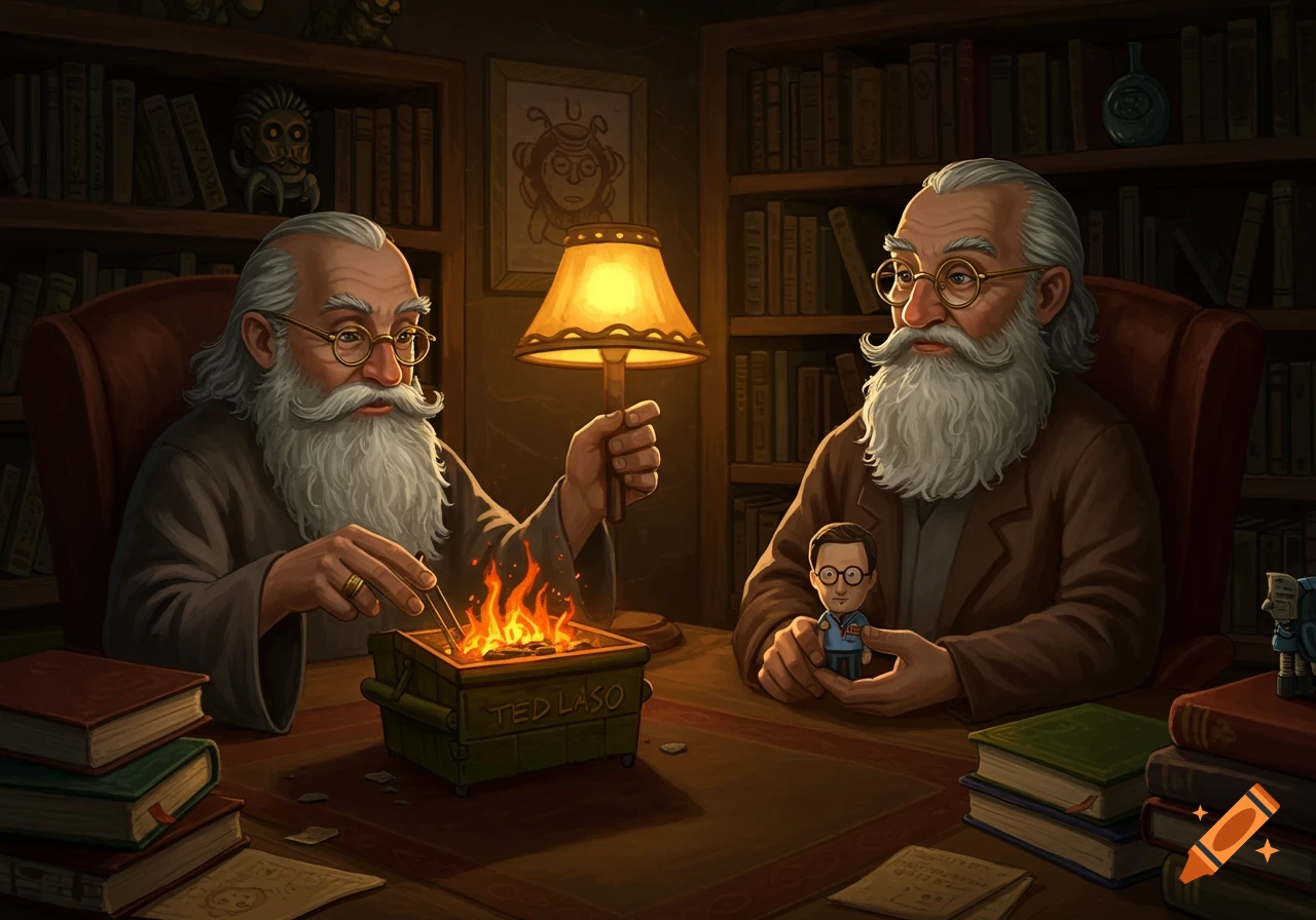 Two elderly, bearded men with glasses in a dimly lit library. One tends a dumpster fire, the other holds a small Ted Lasso figure in a stylized illustration.