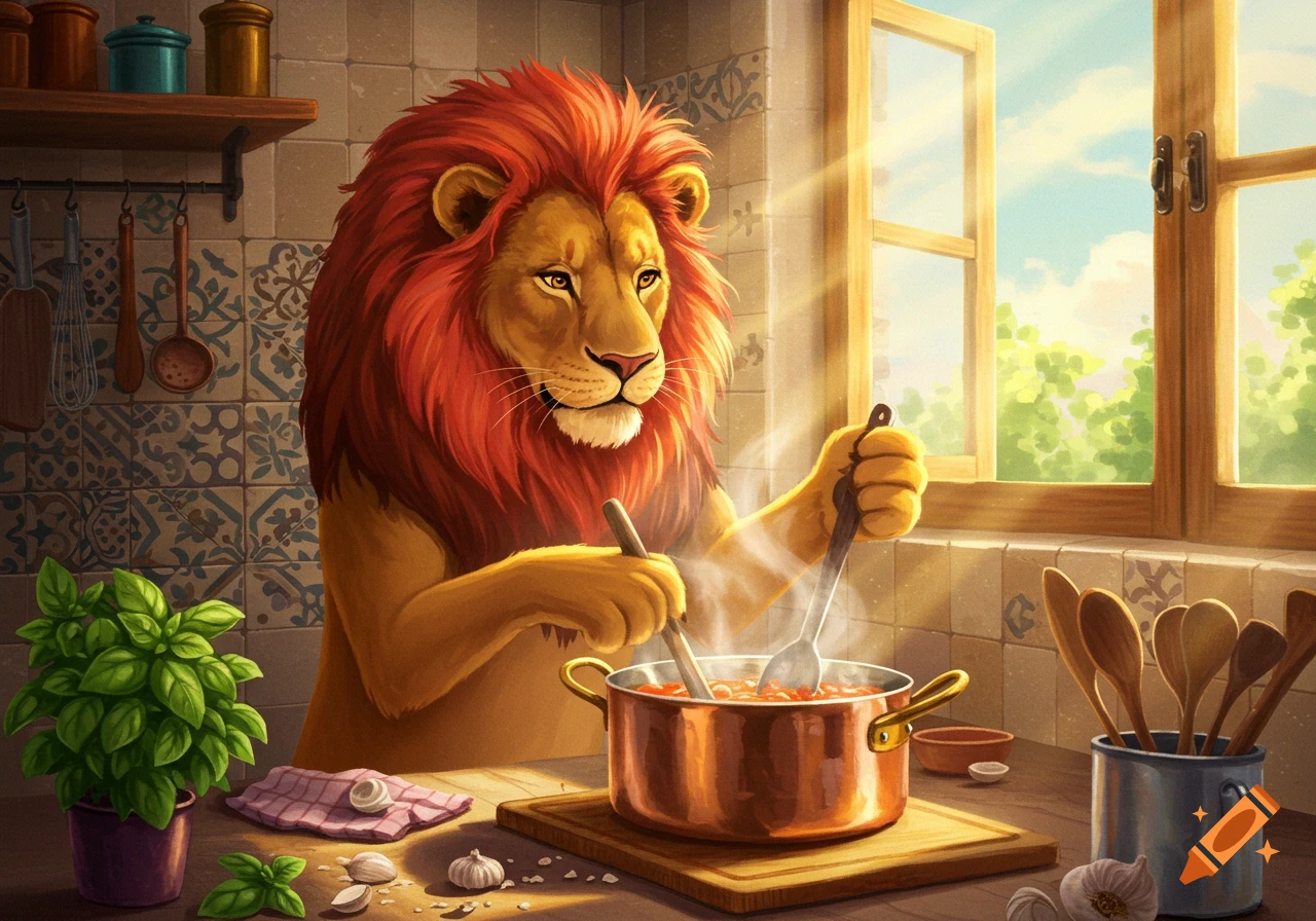 A reddish-orange lion cooks a pot of red sauce in a sunny kitchen, with basil, garlic, and utensils on the counter. Illustration.