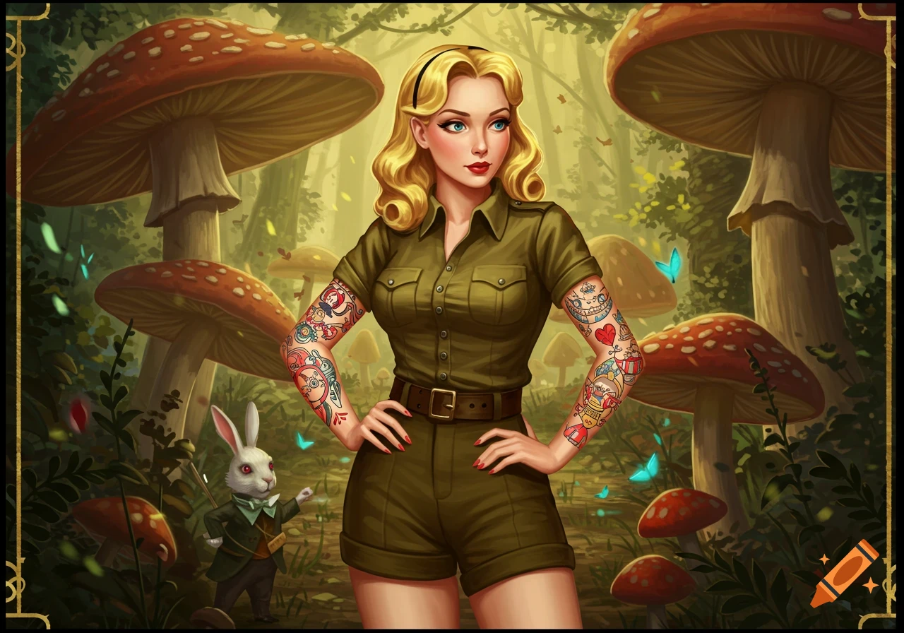 An illustrated pin-up style Alice in Wonderland, dressed as a soldier with tattoos, standing in a magical mushroom forest with the White Rabbit.