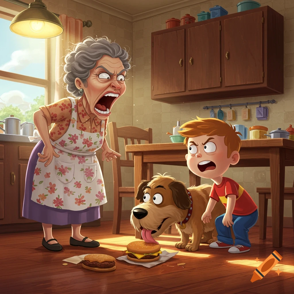 A cartoon older woman screams at a young boy as a dog licks a burger on the kitchen floor.
