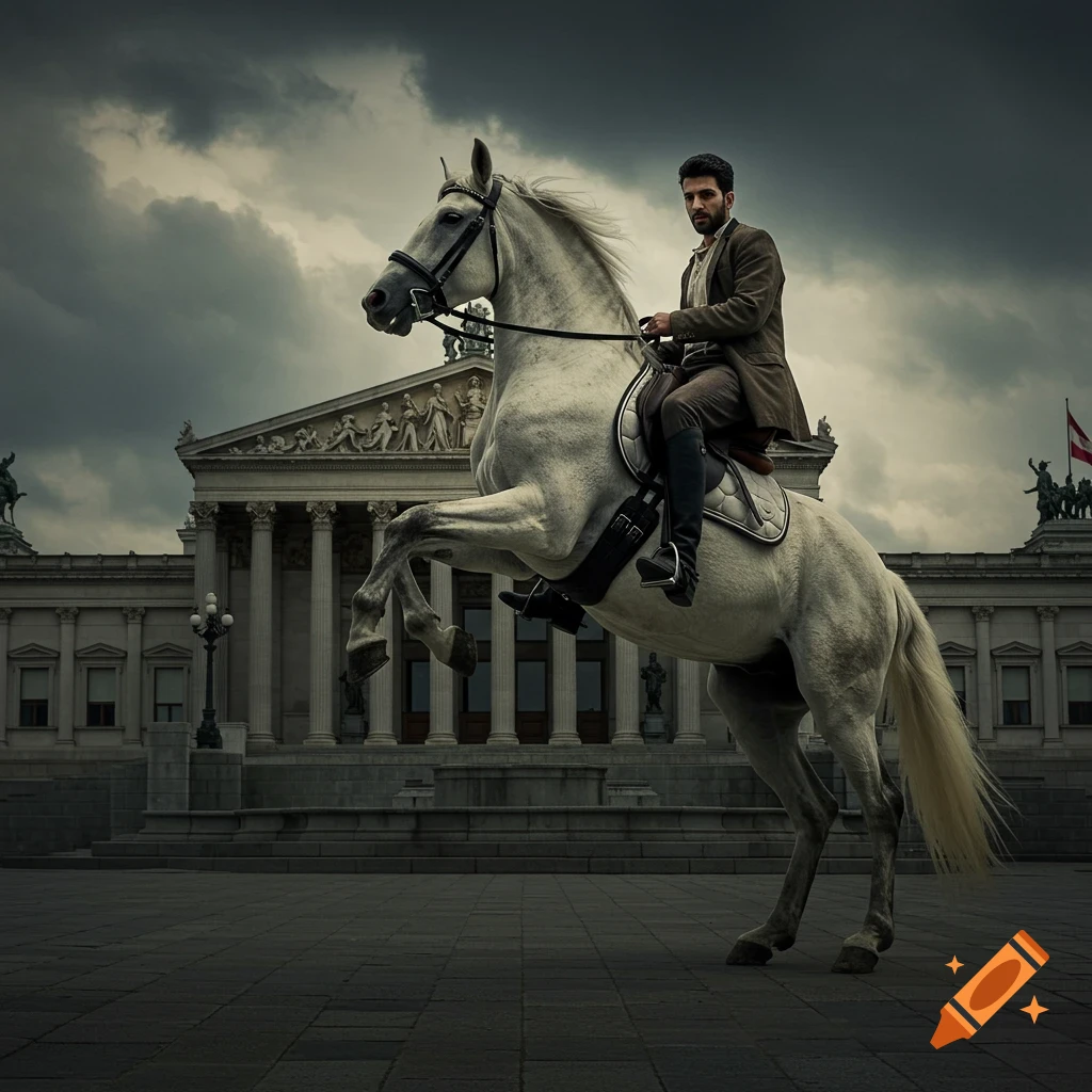 A man on a white horse rearing up in front of a classical parliament building under a dramatic, overcast sky. Photorealistic.