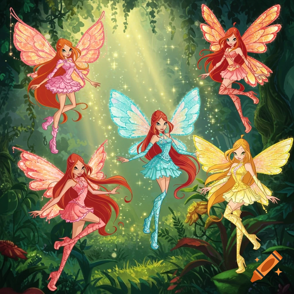 Five Winx Club fairies with long red hair and colorful wings float in a sunlit magical forest.