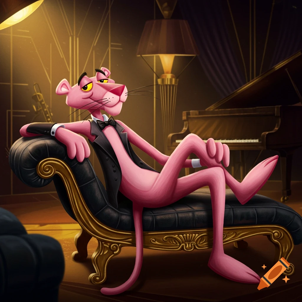 The Pink Panther in a tuxedo, lounging on a black chaise lounge in an opulent art deco room with a piano.