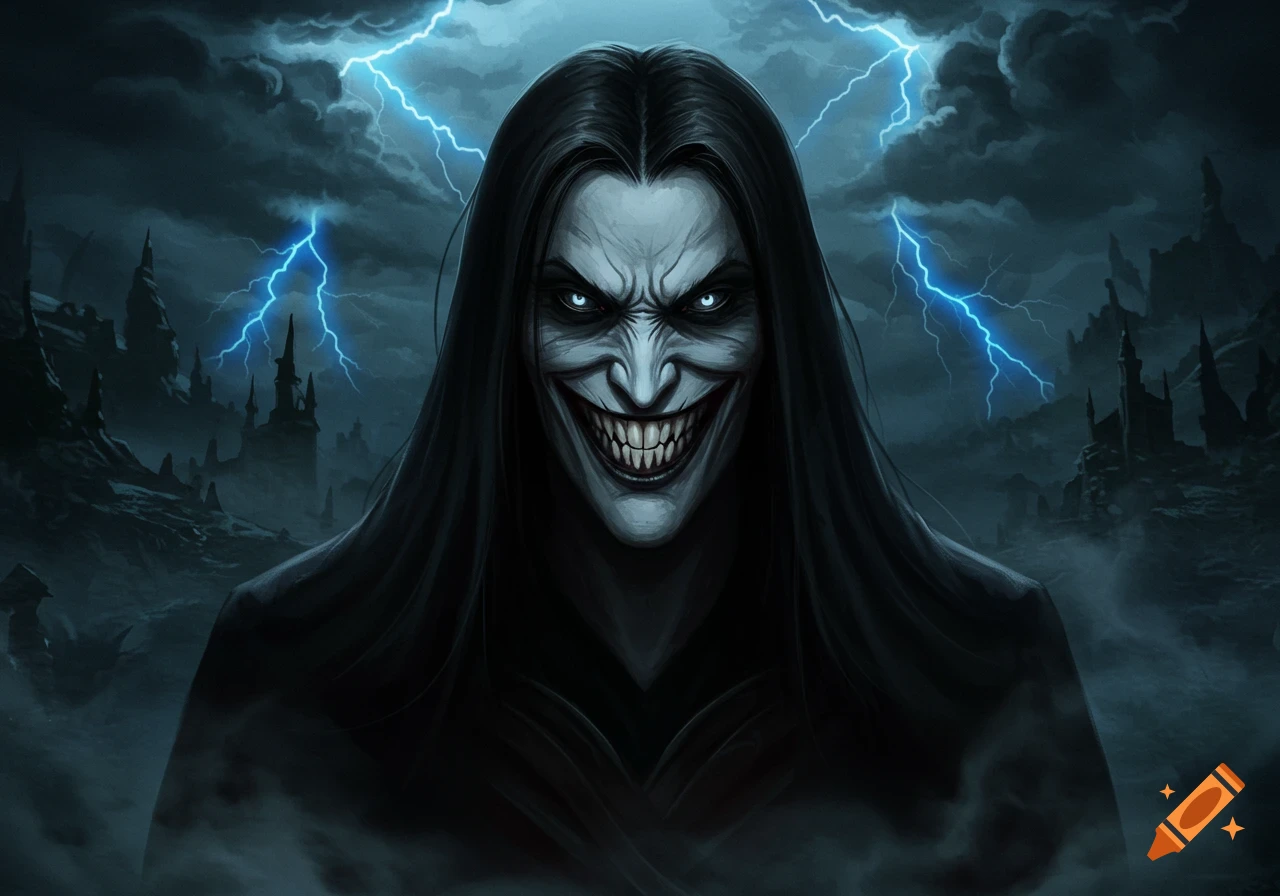 A menacing, pale-faced monster with an evil, toothy grin and glowing eyes, with long dark hair, against a stormy sky with lightning and dark castles.