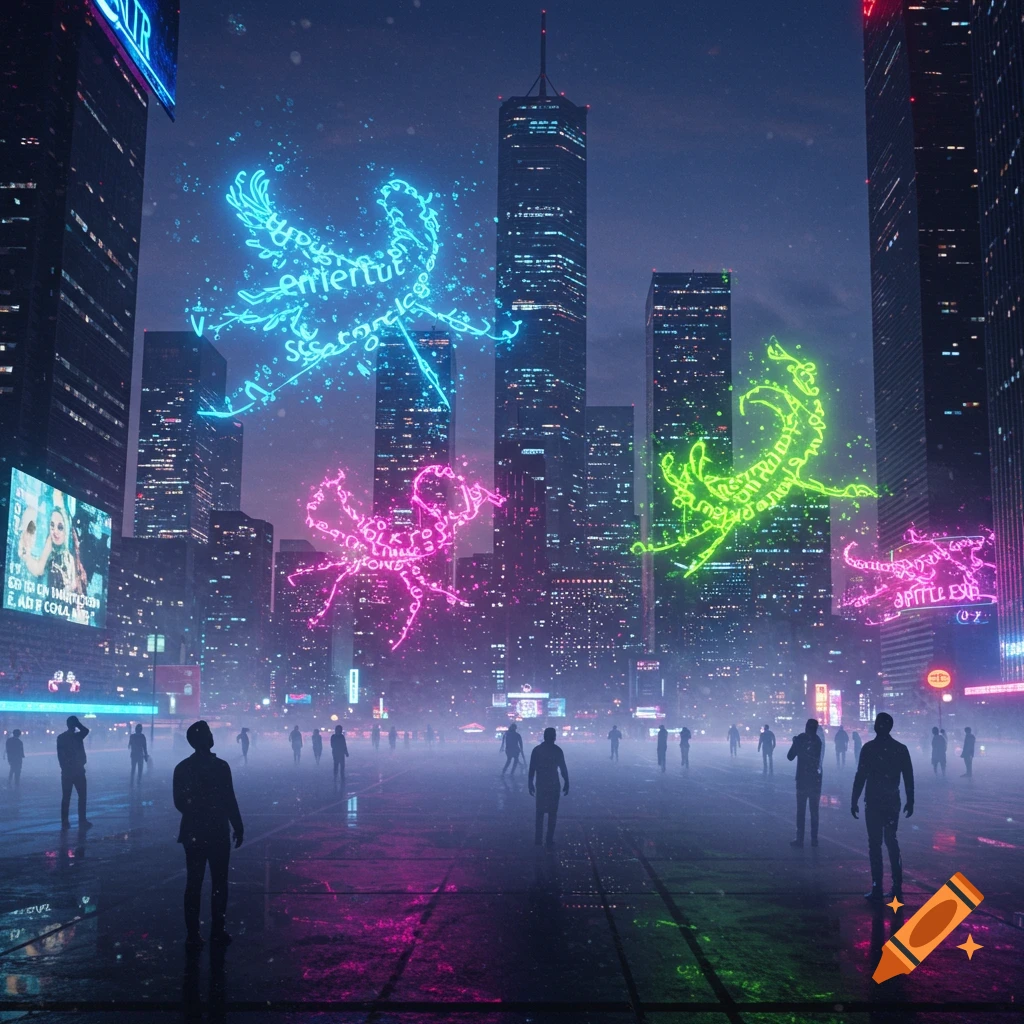 Futuristic cityscape at night with neon-lit figures floating above silhouetted people on a wet street.