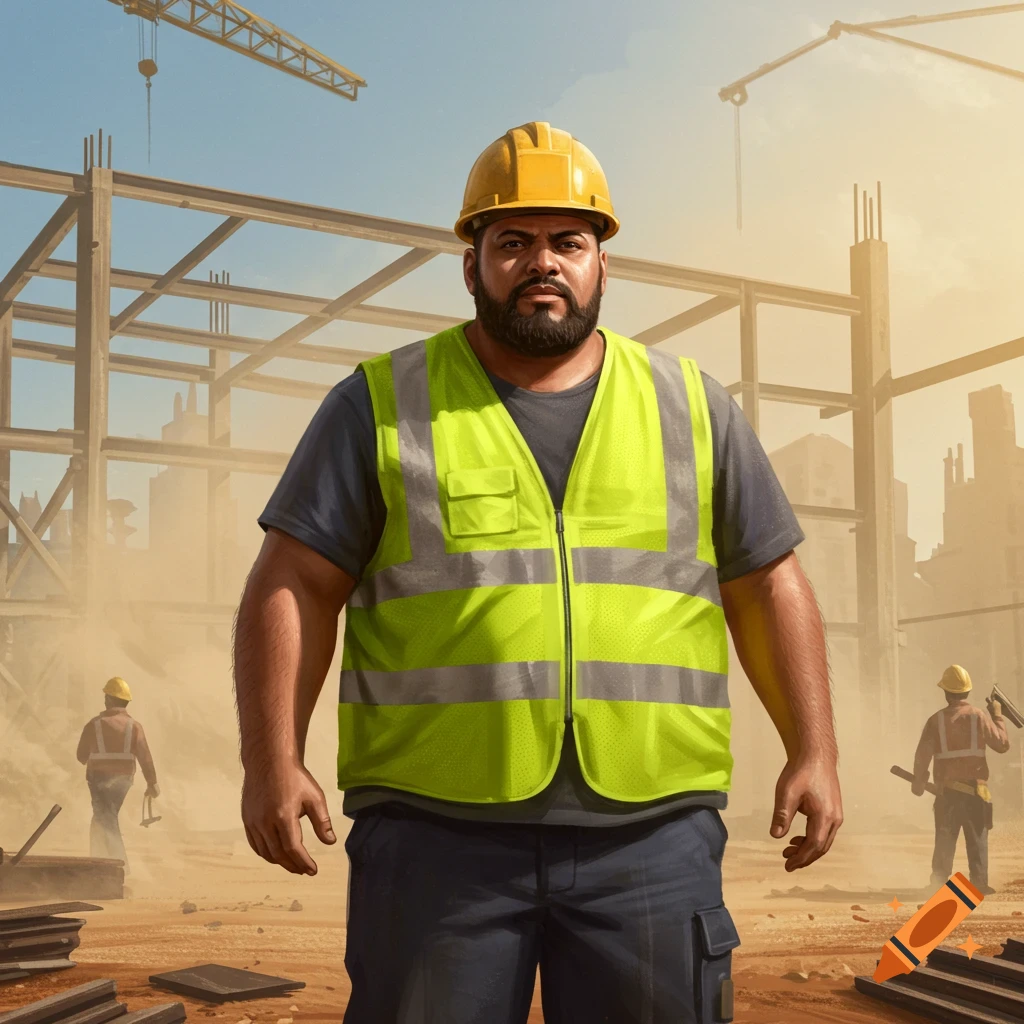 A large construction worker with a beard wears a yellow hard hat and a neon green safety vest, standing on a dusty construction site with cranes and building frames in the background.
