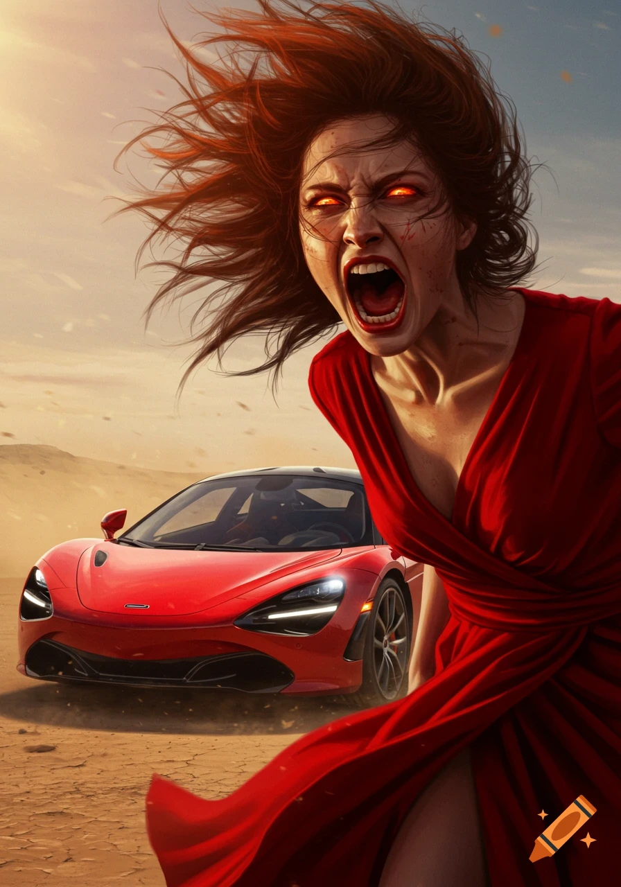 A screaming woman with glowing red eyes and wild hair runs in a desert, a red McLaren supercar behind her, under a bright sky.