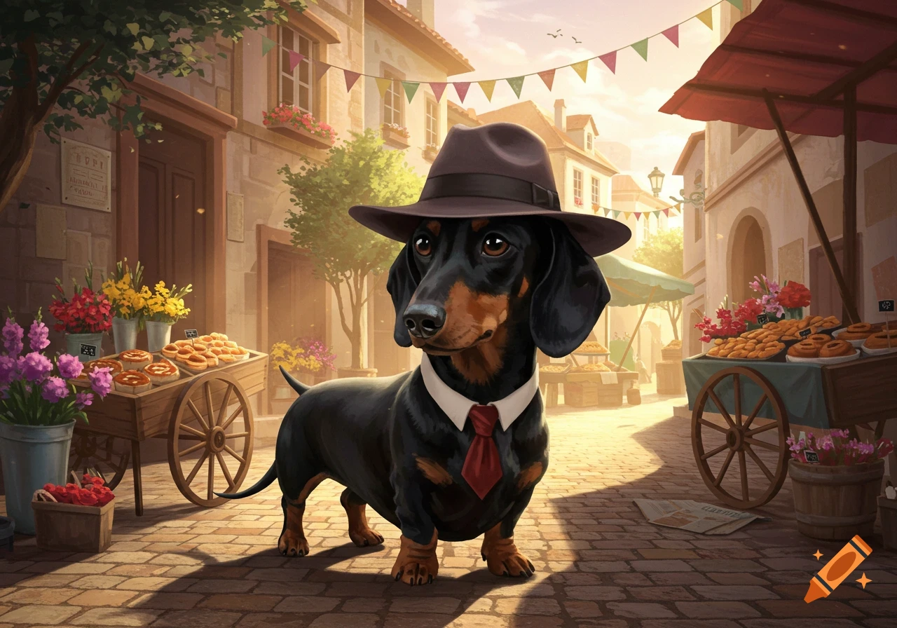 A dachshund dog in a fedora hat and red tie stands on a cobblestone street in a bustling European market.