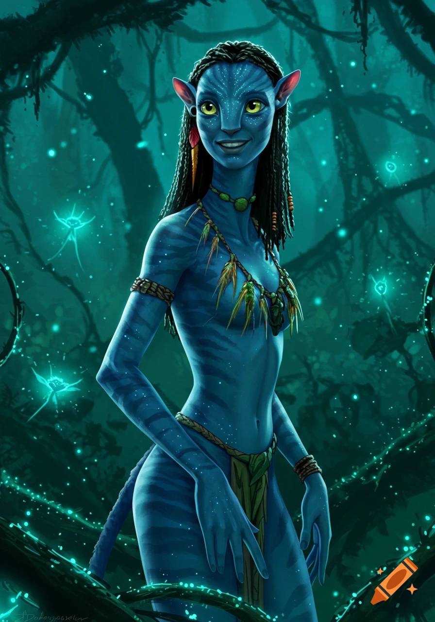 A blue-skinned Na'vi woman with braids and tribal jewelry smiles in a glowing bioluminescent jungle.