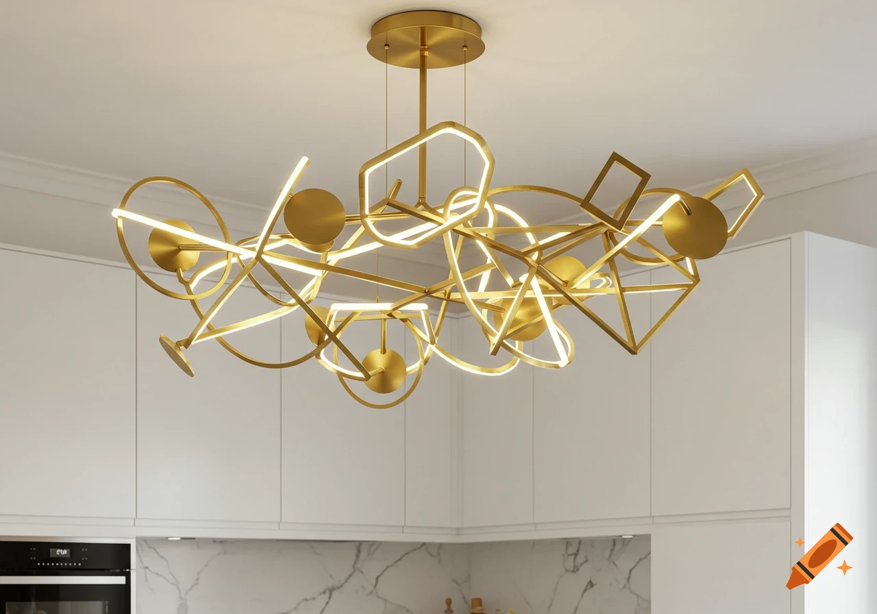 A large, modern gold chandelier with geometric shapes and integrated LED lights hangs in a bright kitchen with white cabinets.
