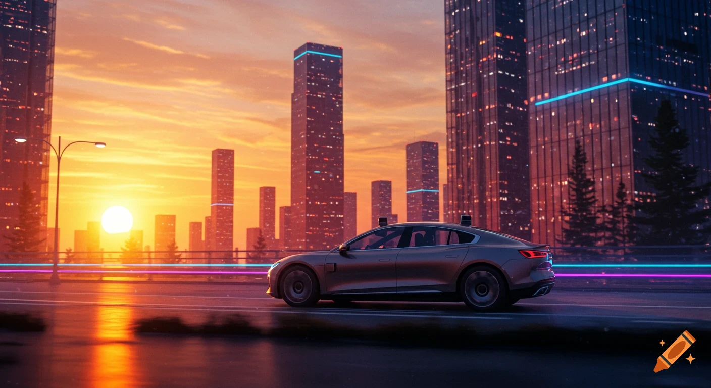 A futuristic autonomous car drives on a wet road past glowing skyscrapers at sunset, reflecting the vibrant orange sky.
