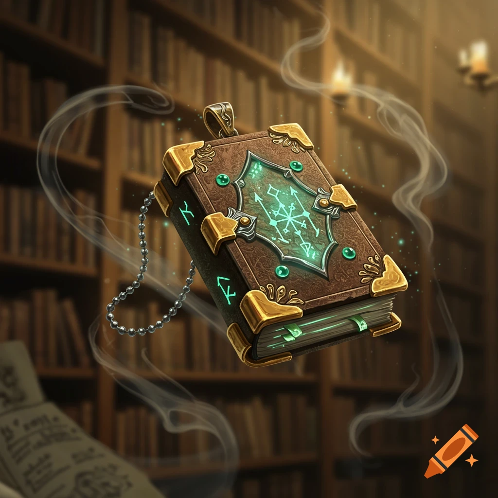 An ornate, levitating magical book amulet with glowing green symbols on its cover and metal clasps, set against a blurred library background.