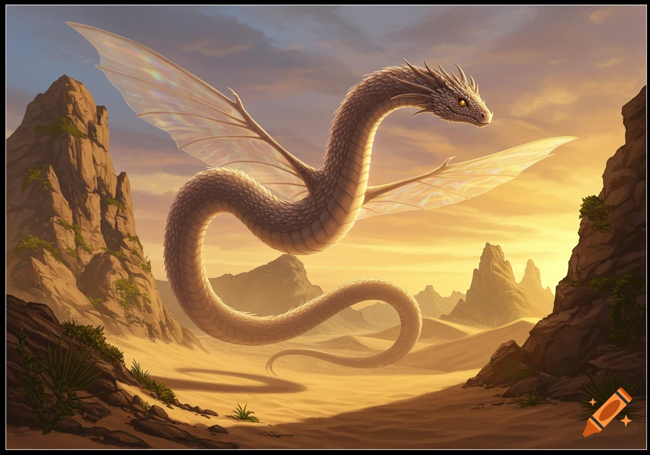 A majestic winged serpent-dragon glides over a sunlit desert landscape with rocky mountains and canyons.