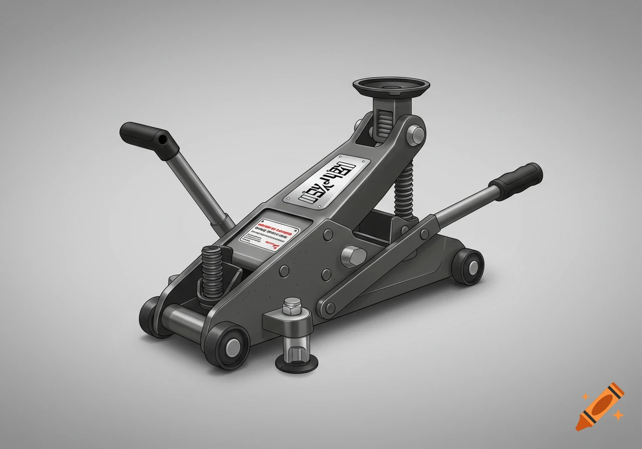Illustrative drawing of a gray floor car jack with black handles on a plain gray background.