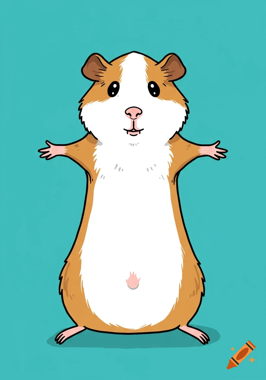A cartoon brown and white guinea pig, flattened in the middle with wide eyes, against a solid turquoise background.