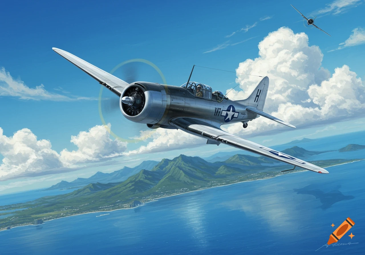 A detailed illustration of a silver Douglas SBD Dauntless military airplane flying over a tropical coastline with mountains and blue ocean under a partly cloudy sky.