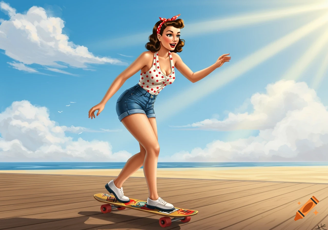 Vibrant illustration of a retro pin-up woman skateboarding on a sunny boardwalk by the beach.