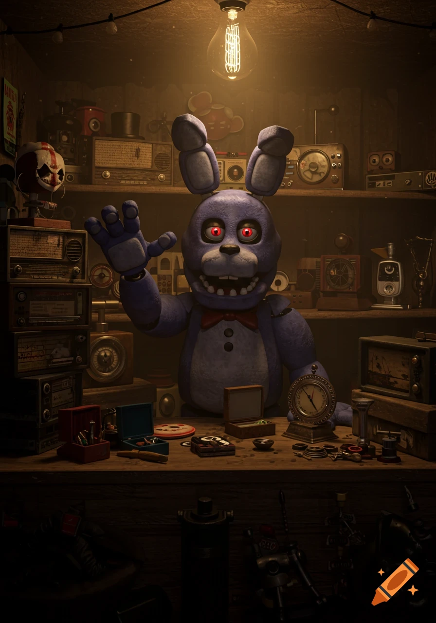 The purple animatronic Bonnie from Five Nights at Freddy's waves in a dimly lit, cluttered workshop filled with vintage electronics and tools.
