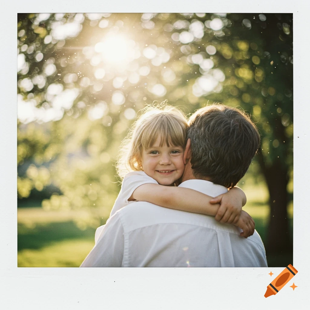 A young blonde child smiles while hugging an adult in a sunny outdoor setting, with a Polaroid filter effect.