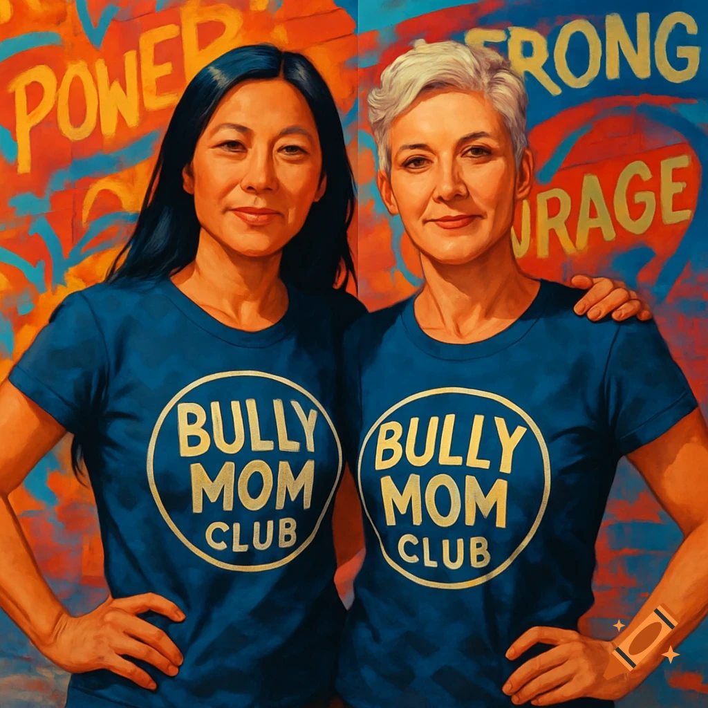 Two women, one Asian and one white, wearing blue "BULLY MOM CLUB" t-shirts, stand smiling in front of a colorful graffiti wall with words like "POWER" and "STRONG".