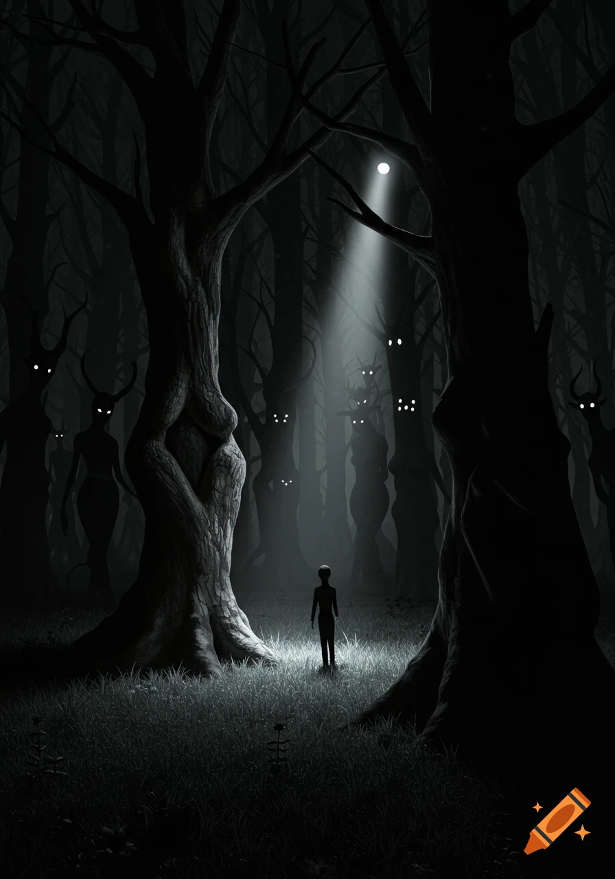 A child stands in a dark, eerie forest with a moonbeam spotlight, surrounded by glowing eyes and ghostly figures among gnarled, twisted trees.