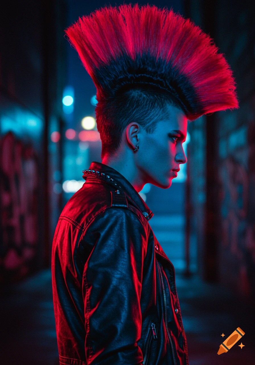 A person with a bright red mohawk and a black leather jacket, lit by red and blue neon lights in a dark urban alley, viewed in profile.