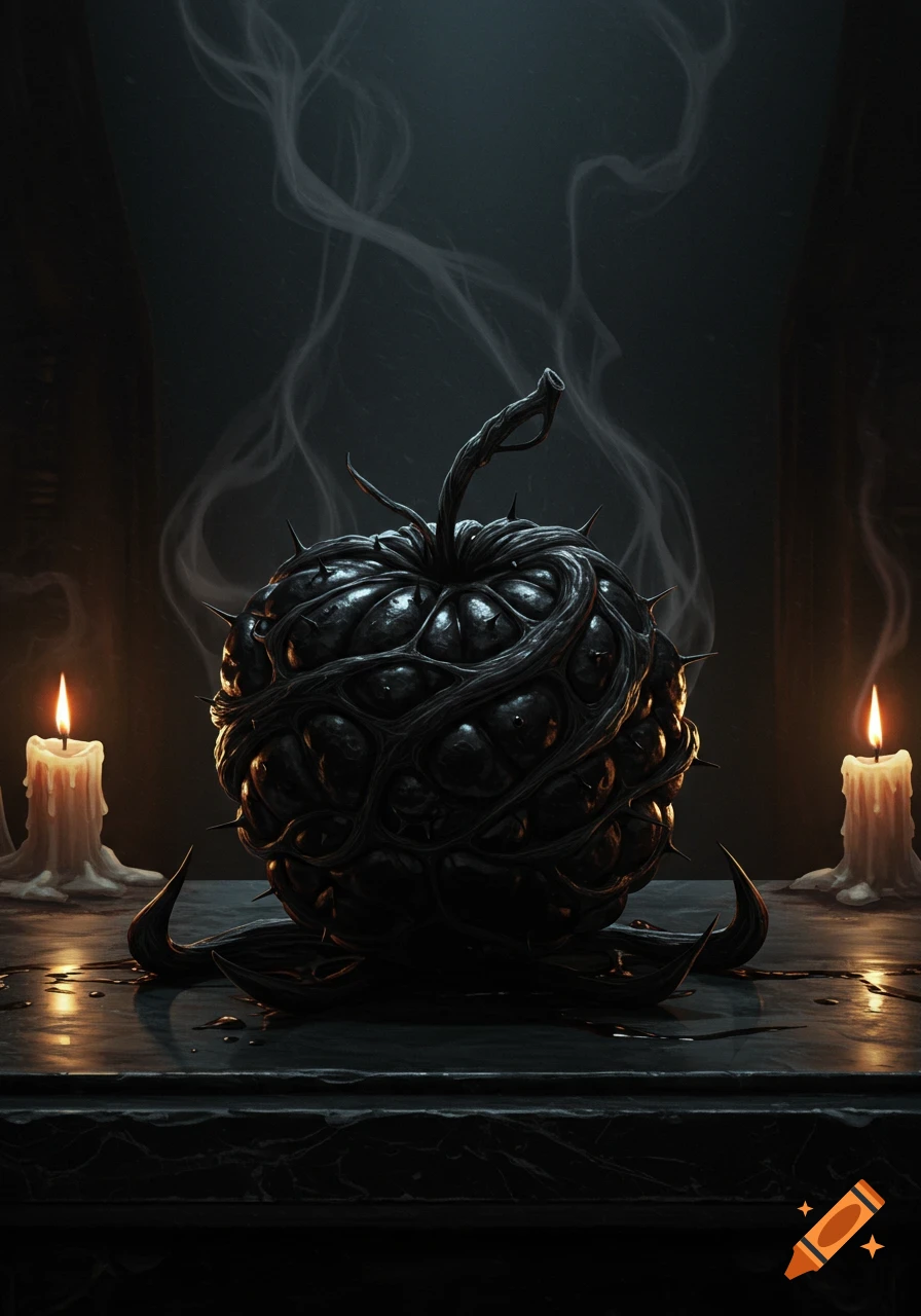 A black, thorny, organic fruit on a dark stone table, flanked by two lit candles with smoke, in a gothic style.
