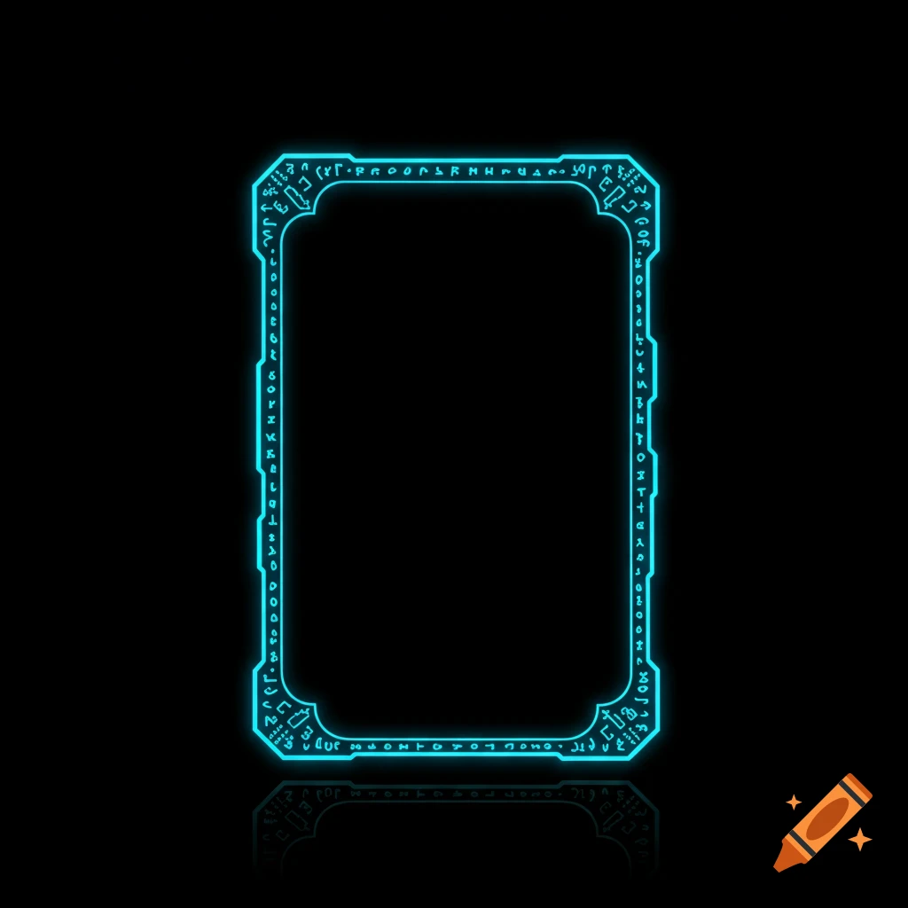 A glowing blue holographic game card slot with ancient rune patterns etched into its frame, centered on a black background, in a high-tech 2D style.