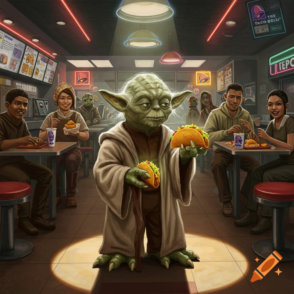 Yoda holds tacos, standing in a brightly lit Taco Bell restaurant with diverse customers eating at tables in a detailed, artistic style.
