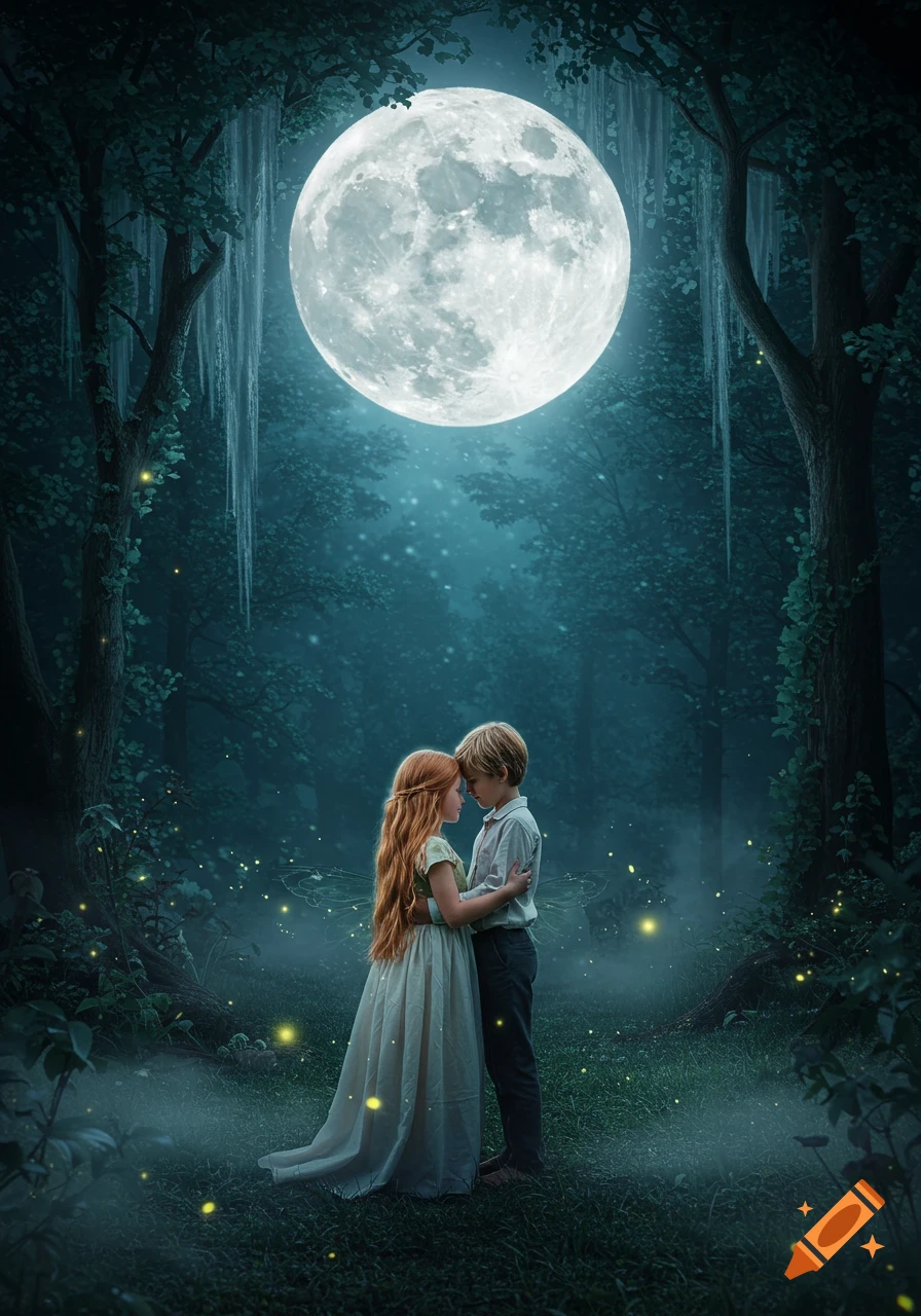 A boy and girl hug in a magical, moonlit forest with fireflies, a dreamlike fantasy scene.