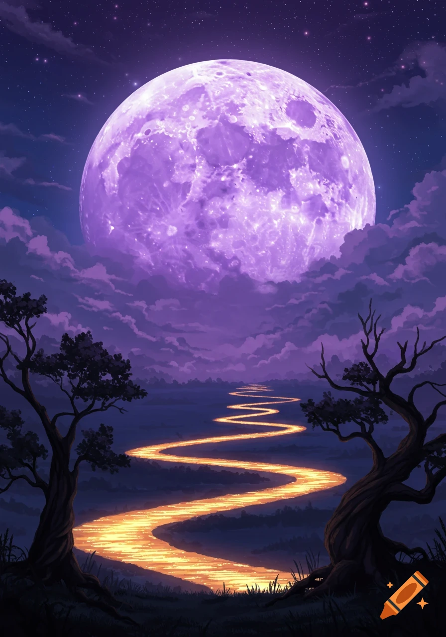 A vibrant purple full moon glows over a dark landscape with a winding golden river and silhouetted trees at night, in a fantasy art style.