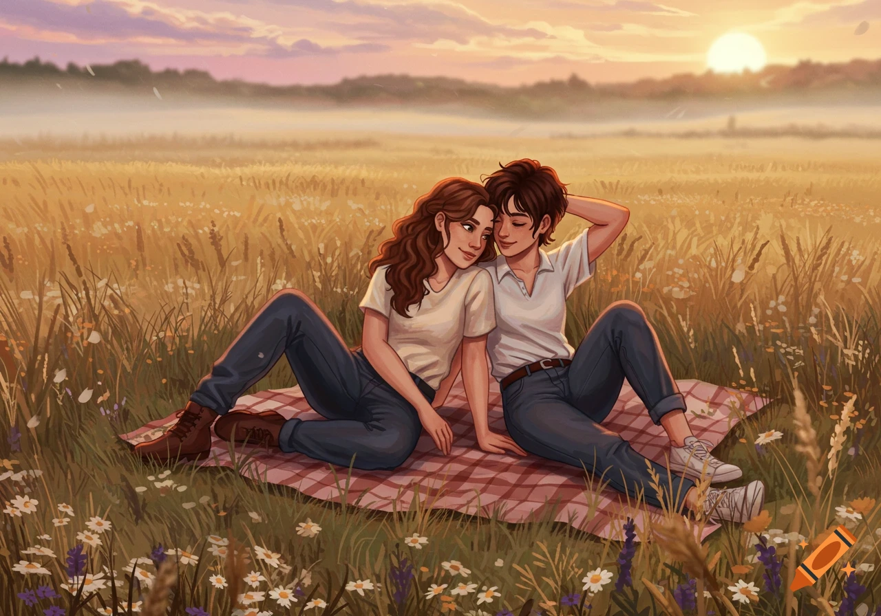 Illustration of two women, one with long hair and one with short hair, sitting on a plaid blanket in a golden field at sunset.